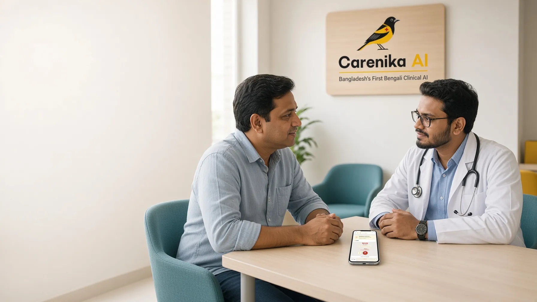 A doctor talking with a patient across a desk, a phone recording between them